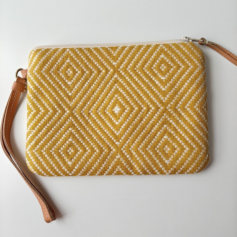 Mercado Global Yellow Geometric Handwoven Cotton Wristlet Pouch Bag Guatemala